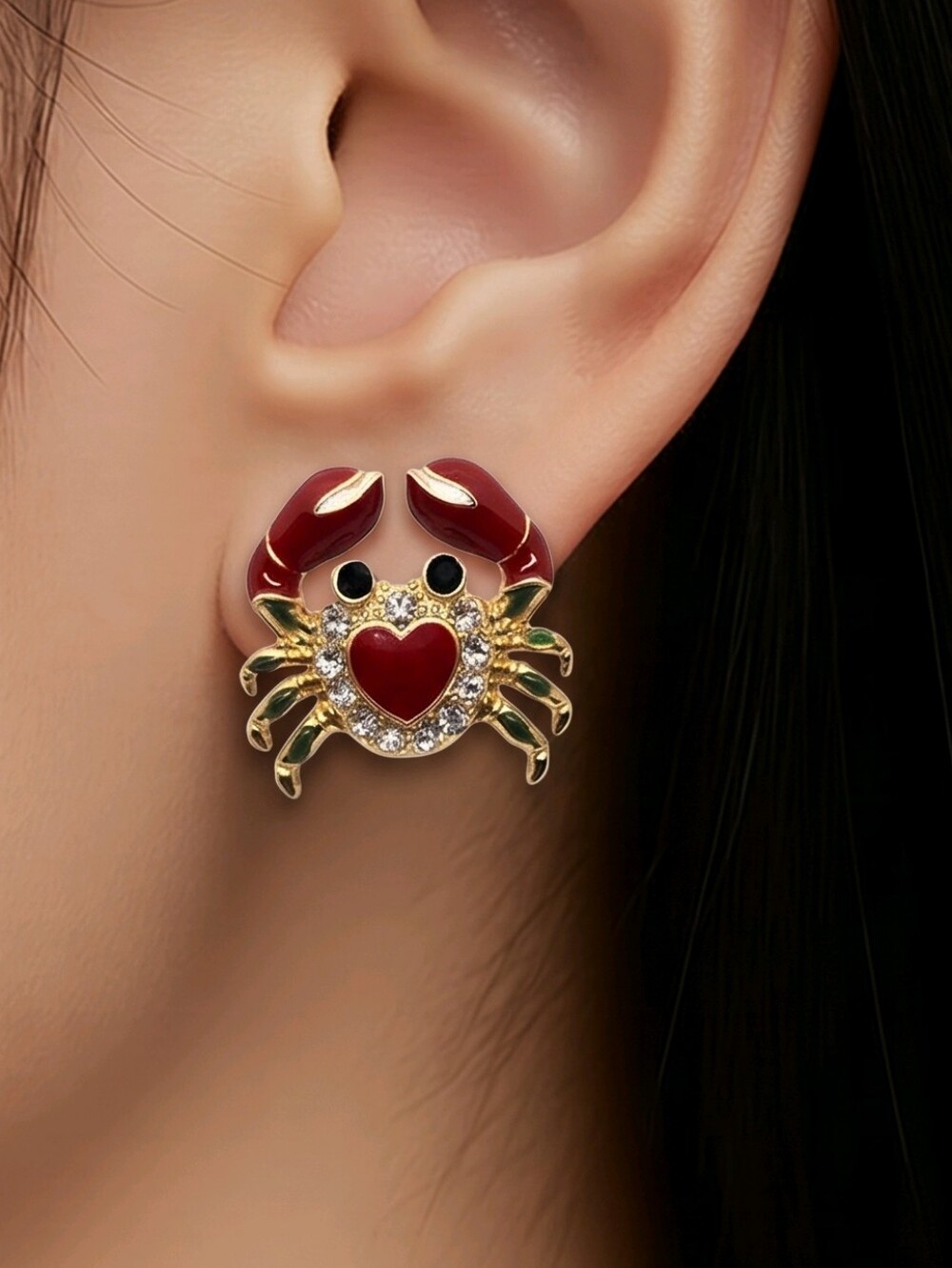 Charming Crab Earrings Red & Gold Rhinestone Studded Pierced Stud Post Nautical